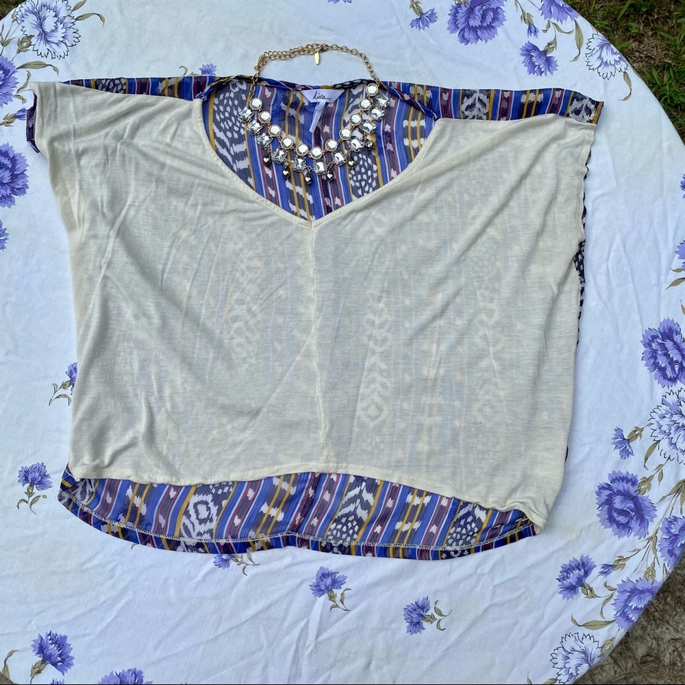 Lightweight western droptail size medium woman’s tan and blue T-shirt sheer